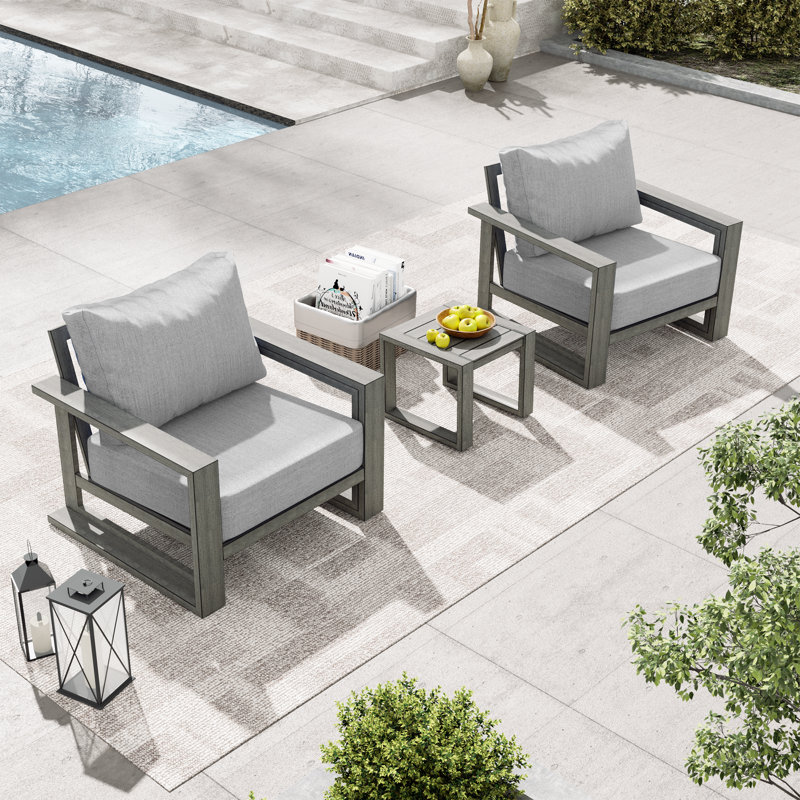 Purescape 3-Piece Hand-Painted Aluminum Outdoor Conversation Set With Gray Cushions And Side Table, Gray