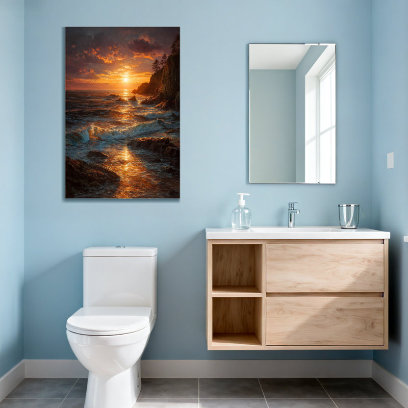 Paysage et nature Coucher de soleil sur les roches et les vagues de l'océan, H 18 po x l 12 po