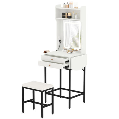 Bedroom Vanity Desk with Adjustable Lighted Mirror Foldable Panel 2 Drawers and Storage Shelves