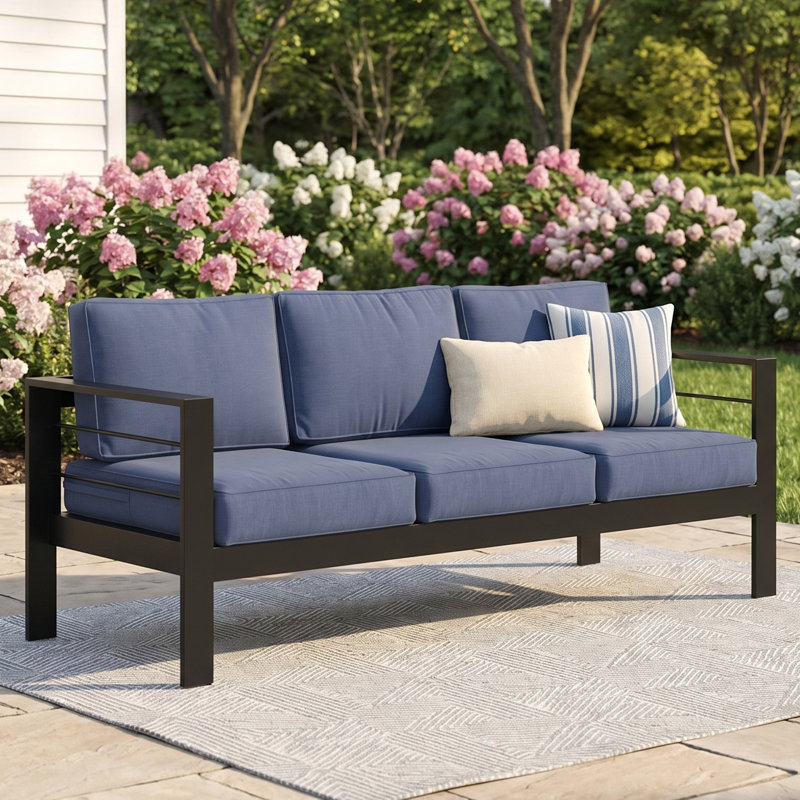 Brandtley Aluminum Patio Sofa, Black Frame/Dark Blue Cushion