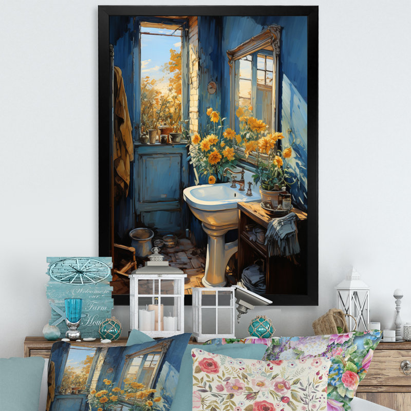 "Larenda Bathroom Turquoise III", reproduction d'art sur toile, H 32 po x l 16 po x P 1 po, Cadre photo noir