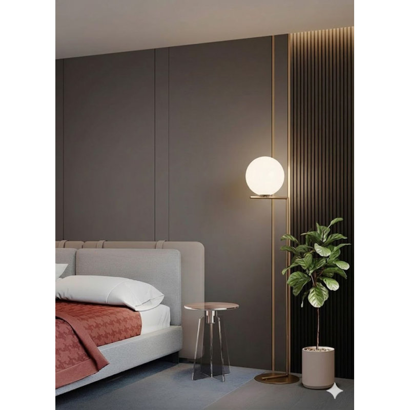 1-Light Gold Metal Floor Lamp With A Milk White Glass Shade, Brass Iron