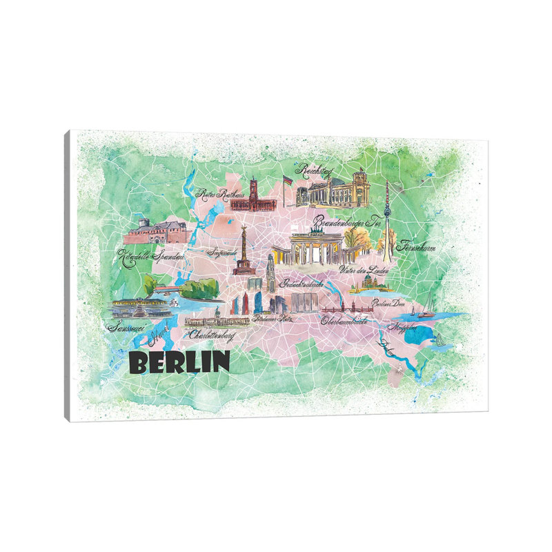 Carte illustrée de Berlin, Allemagne par Markus et Martina Bleichner, peinture sur toile tendue, H 40 po x l 60 po x 1,5 po