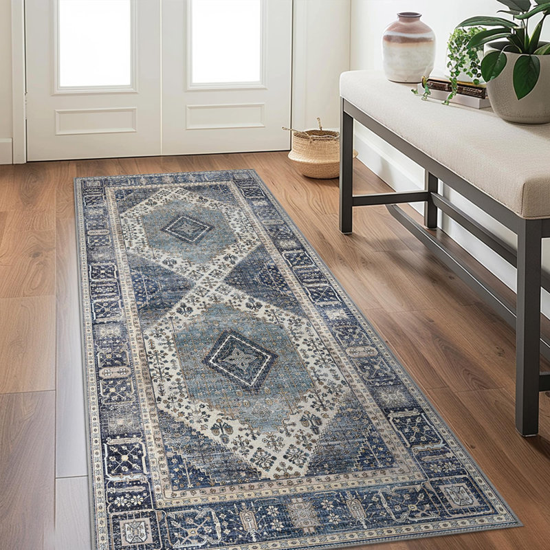 Oriental Machine Washable Blue Area Rug, Runner 80 x 200 cm