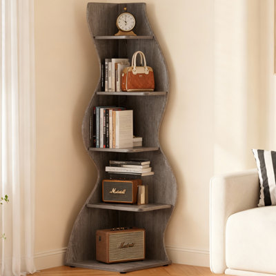 69.8 inch 5-Tier Wavy Black Corner Bookshelf and Plant Stand for Small Spaces