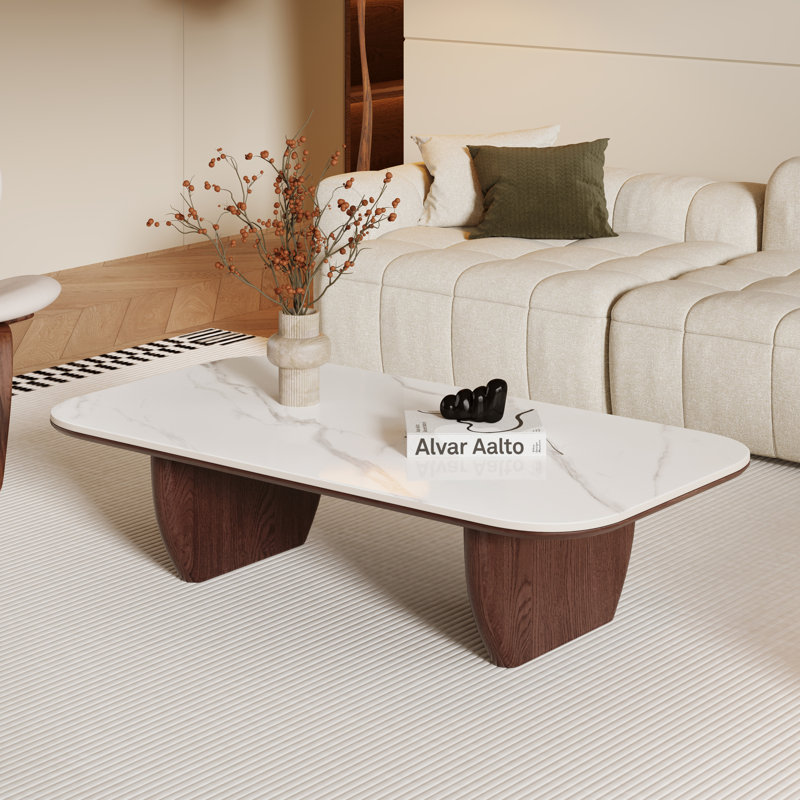 51.2" Rectangular Wood Coffee Table with Faux Marble Stone Top, Double-Layer Tabletop Design, Sturdy, White/Brown