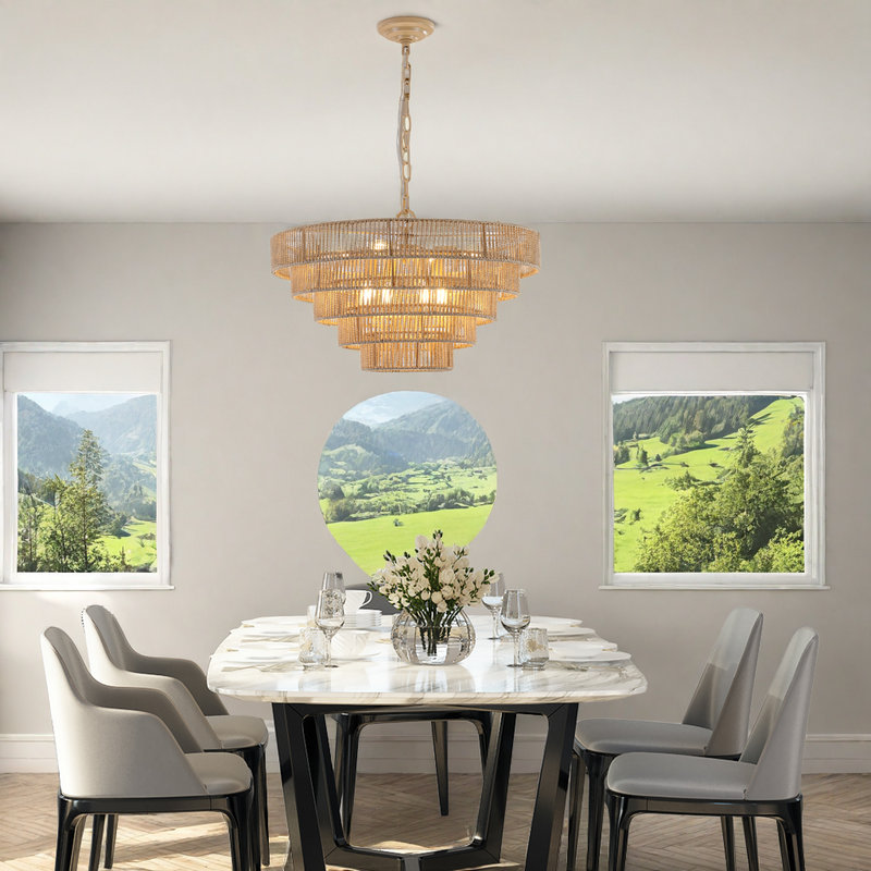 Lustre suspendu rustique en corde de chanvre 25 po à 25 niveaux avec 8 douilles E12, Boho Farmhouse, Brun