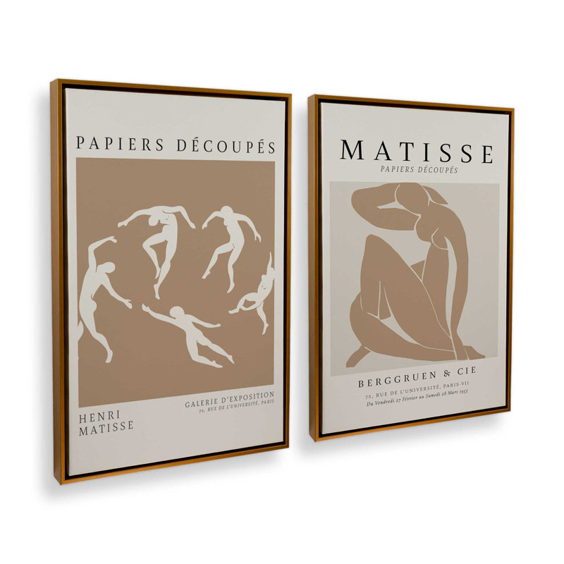 Ensemble de 2 Matisse La Danse et Nus Brun, Cadre flottant or poli, H 19 po x l 26 po
