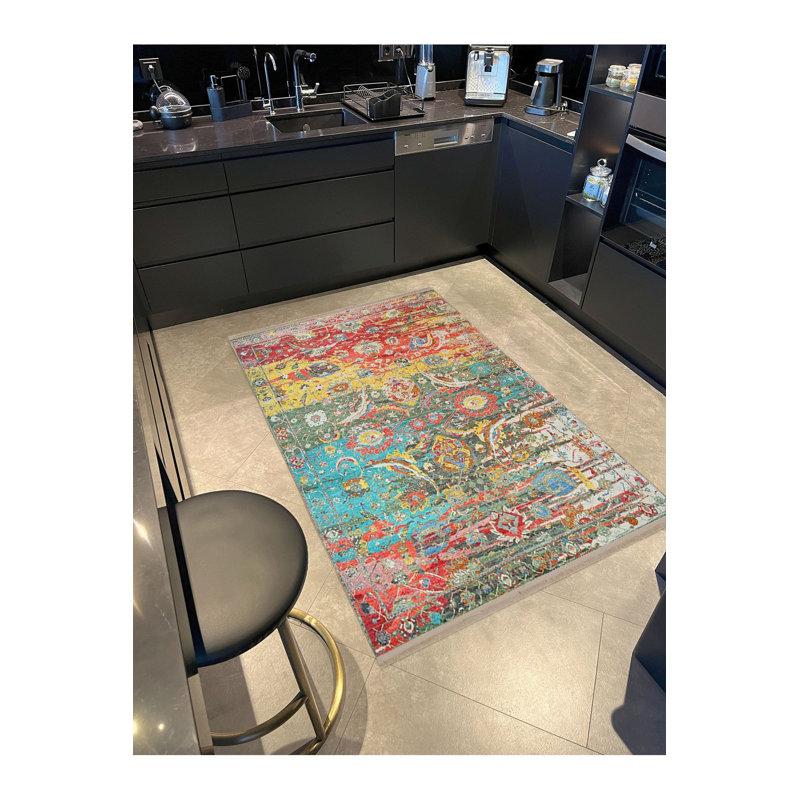 Tapis décoratif multicolore à motif délavé traditionnel lavable à la machine Collection Barcelona
