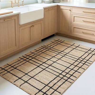 Nell Jute Checkered Rug / A Black & Brown Farmhouse Rug for Living Room with Cotton Backing