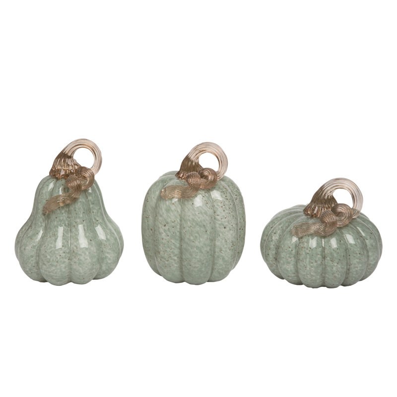 Grandes citrouilles vertes avec des accents dorés - ensemble de 3 figurines de citrouille en verre décoratives pour la table d'automne