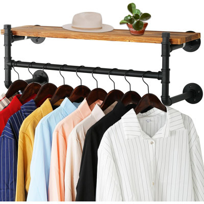 Wall Mounted Clothes Rack With Shelf, Pipe Clothing Rack With Shelves,Heavy Duty Iron Garment Rack Bar,Retail Display Clothes Rod For Clothes,Laundry Room