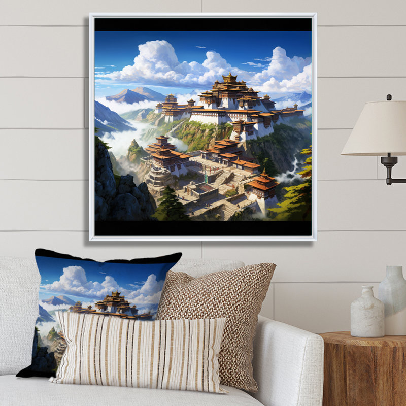 Art asiatique, monastère tibétain I sur toile, Cadre flottant blanc, H 24 po x l 24 po x P 1 po
