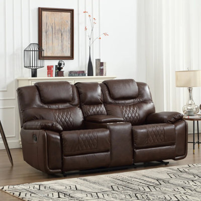 Jepum 77.6" Top-Grain Genuine Leather Manual Reclining Loveseat Sofa, 2-Seater Recliner Couch with Storage and Cupholders