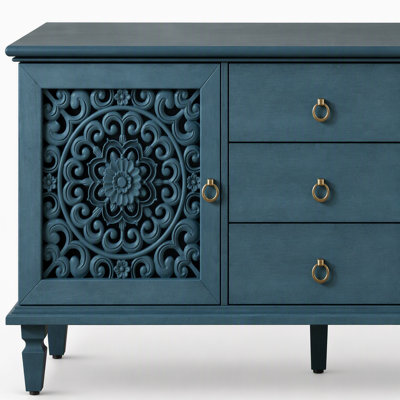 Farmhouse TV Stand with Hollow Carved Doors and Adjustable Shelves