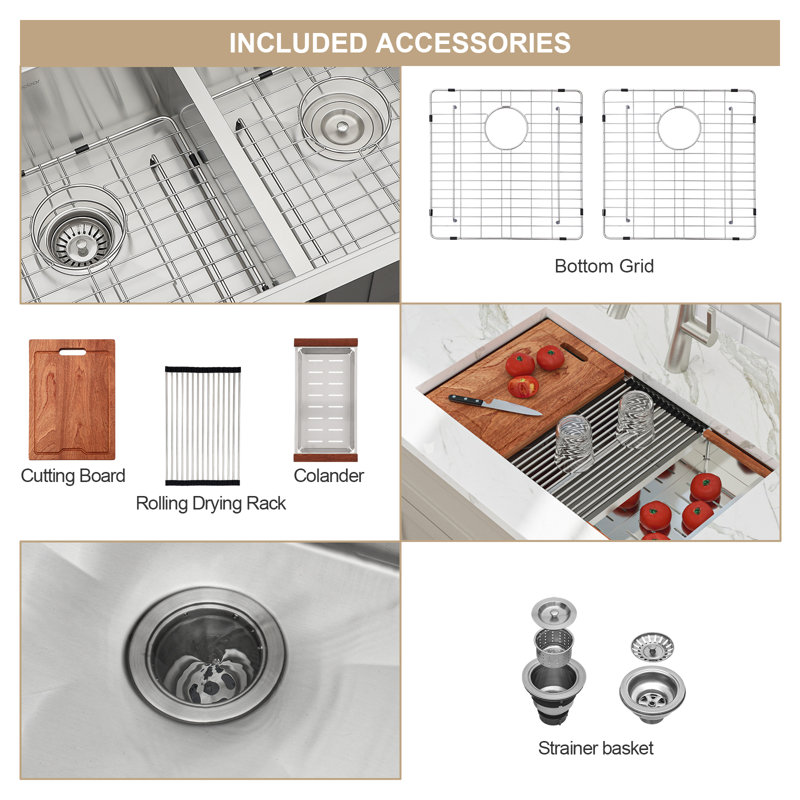 33'' L x 19'' W Undermount Workstation Kitchen Sink, 50/50 Double Bowl Stainless Steel Kitchen Sink with Strainer, Sink Grid, Colander, Cutting Board and Roll-up Rack