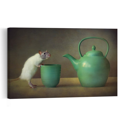 Curious Rat Tea Time Elegant Playful Tranquil Animal Wall Art Print by Ellen van Deelen - 1 Piece Wrapped Canvas Wall Art