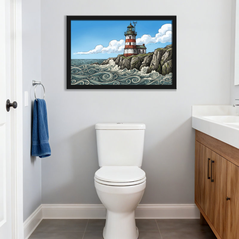 Phare sur la côte rocheuse avec des vagues, H 20 po x l 30 po, Toile tendue, Ne s’applique pas