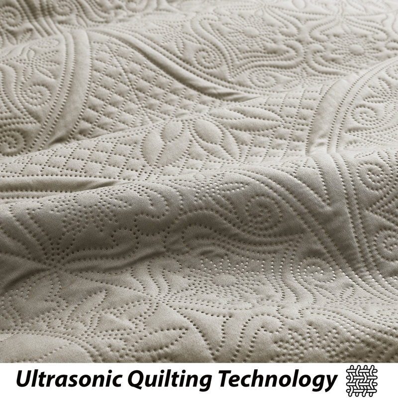 Floral Embossed Microfiber Quilted Bedspread Set, Beige, King Coverlet/Bedspread + 2 King Pillowcases