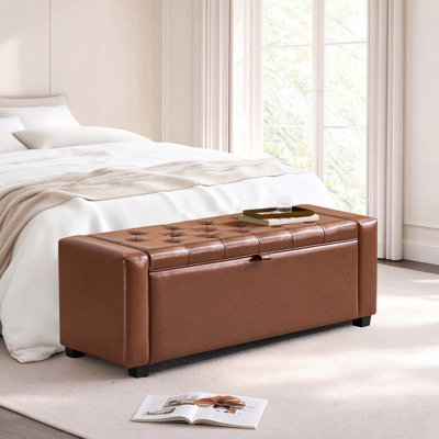 Banc de rangement rembourré en similicuir de 43 po, banc repose-pieds capitonné pour le salon, la chambre à coucher, le vestibule, brun