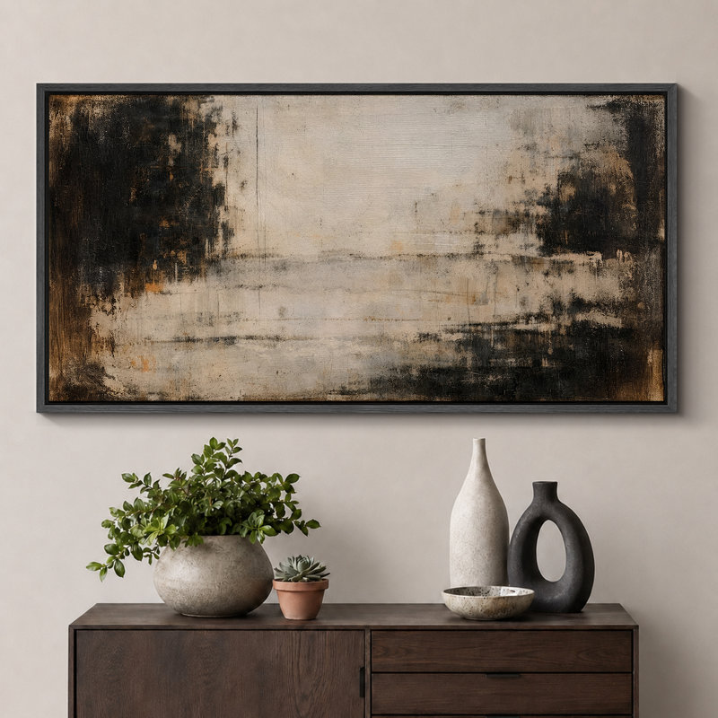 «Moody Neutral Abstract Landscape Style», photos de salon, impression sur toile encadrée, H 30 po x l 60 po