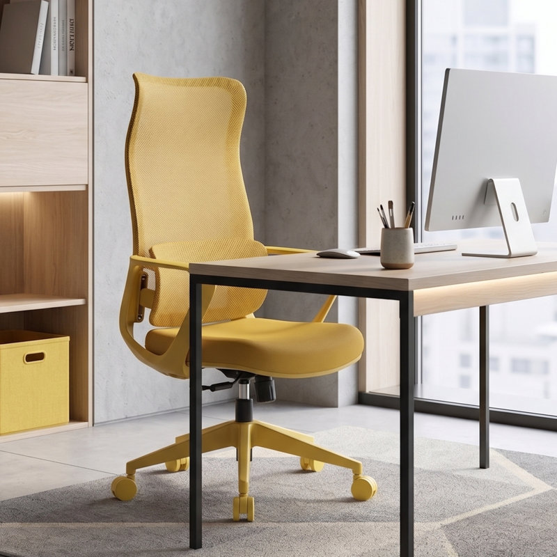 Chaise de bureau ergonomique en filet à haut dossier avec support lombaire réglable, pivotant à 360 degrés, Jaune, Jaune