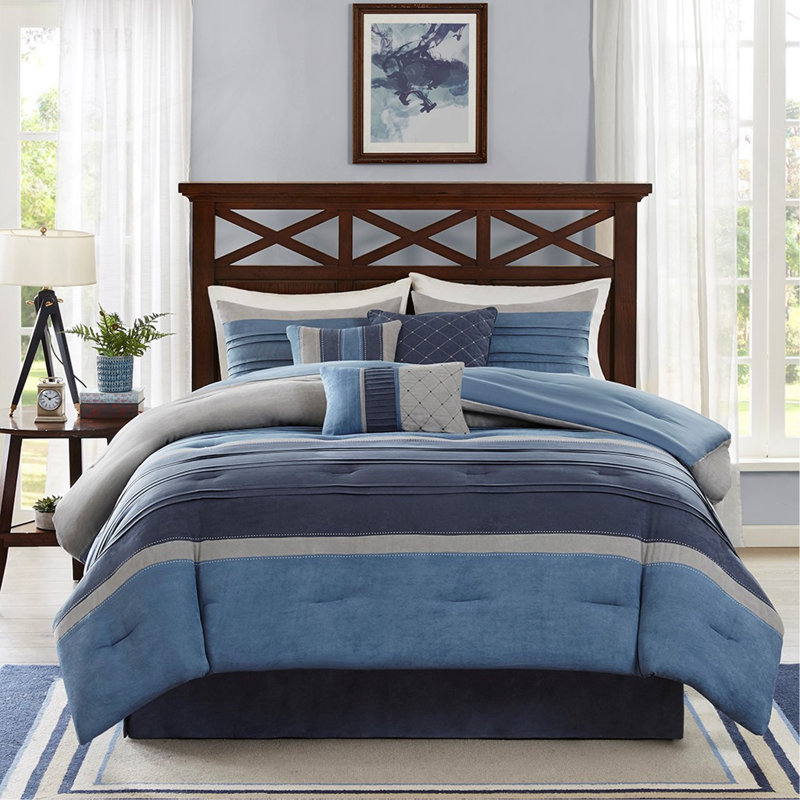 Ensemble d'édredon en suédine de style transitionnel 7 pièces avec rembourrage hypoallergénique et facile d'entretien, bleu marine