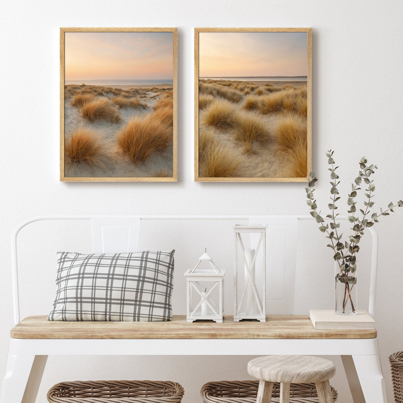 «Coastal Dune Sunset», ensemble de 2 reproductions d'art encadrées - photographie de paysage de plage sereine, ensemble de 2 pièces encadrées pour la chambre ou le salon