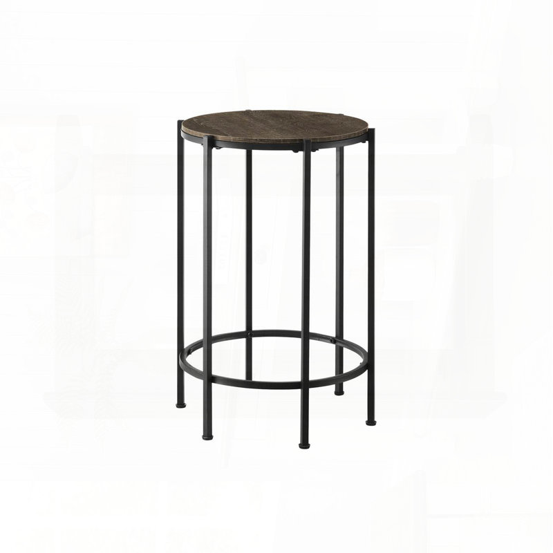 Round Accent Side Table with Dark Oak Laminate and Black Metal Legs – 24"H, Dark Oak Top/Black Base
