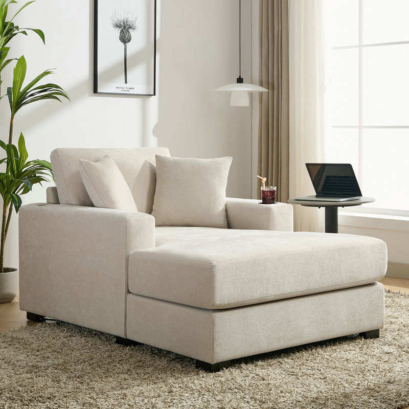 Très grande chaise longue d'intérieur Weylin avec tissu en chenille et stations de recharge intégrées, Crème, crème