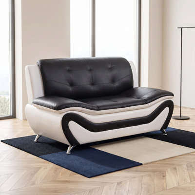 60‘’Black & White Modern Faux Leather Loveseat Sofa，Solid Wood Frame High-Density Memory Foam, Tufted 2-Seat Sofa Couch