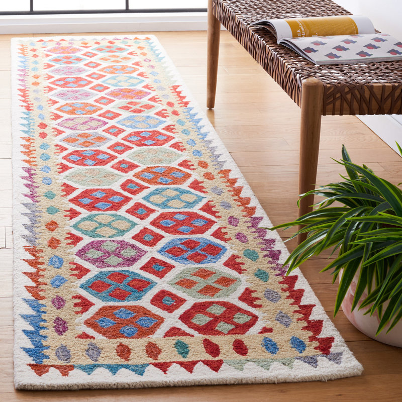 Tapis ivoire / rouge Horwich 410, Tapis de couloir 2 pi 3 po x 9 pi