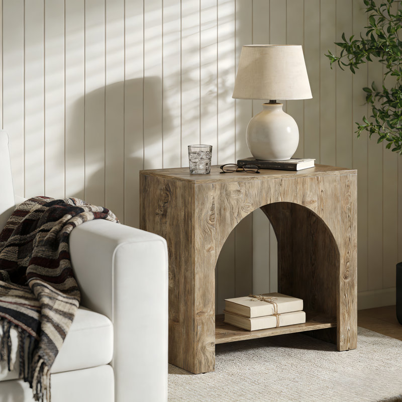 2 Tier Wood End Side Table With Innovative Arched Design, Light Oak