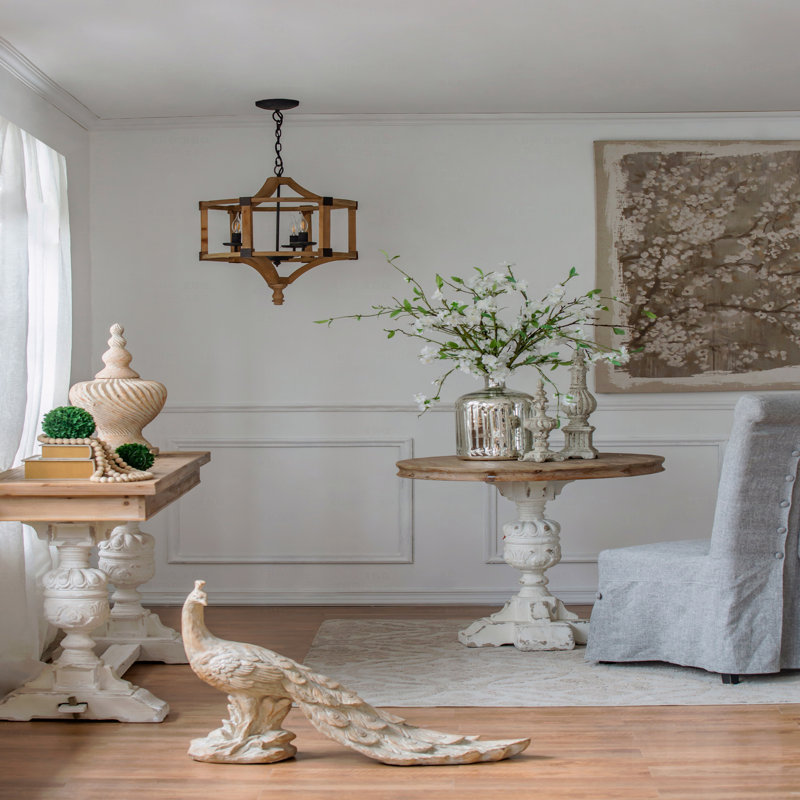 Chandelier  - 3  - Light Wood Drum, Hanging Light Fixture With Adjustable Chain Function