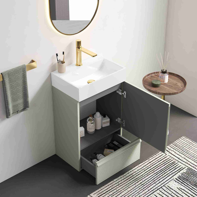 Meuble-lavabo de salle de bain avec rangement, Vert clair, Blanc