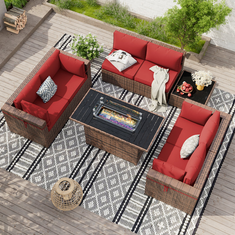 Mecayla 8 Piece Fire Pit & Rattan Sectional Seating Group with Cushions, Burgundy