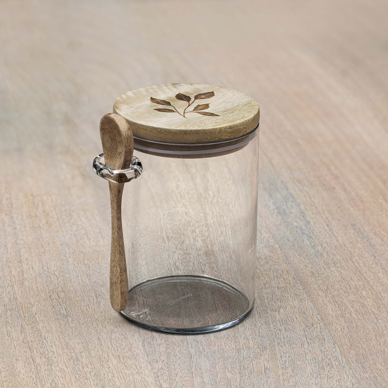 Pot en verre avec couvercle en bois et cuillère | Contenant de cuisine | 1,1 kg
