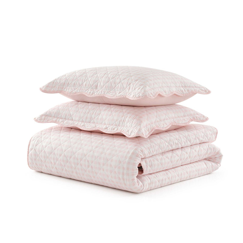Martha Stewart Olivia Gingham Cotton Reversible Pink Quilt Set, Twin Quilt + 1 Standard Sham, Pink