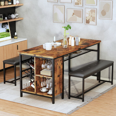 4 People Dining Table And Chair Set, Antique Color Dining Table, Black Upholstered Bench, Dining Table And Chair 3 Piece Set With Wine Rack And Wine G