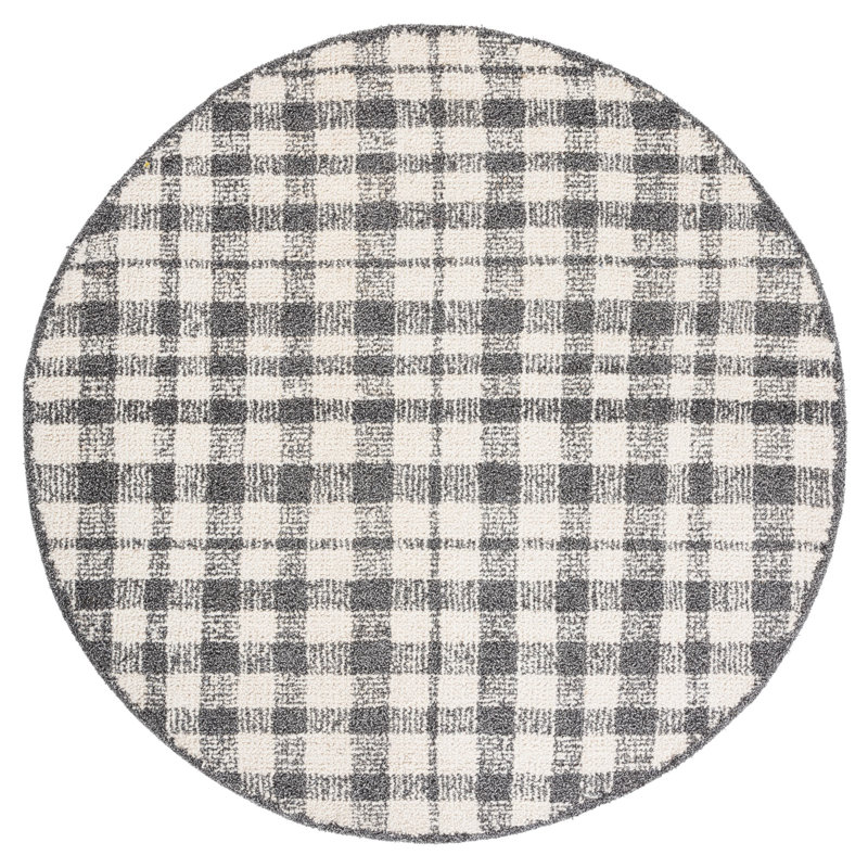 Tapis ivoire / noir touffeté à la main Plaid, Rond 6 pi