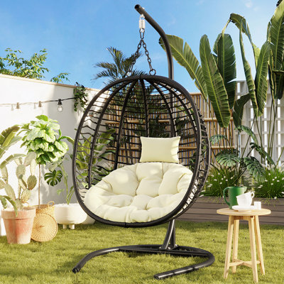 Single Person Folding Egg Chair With Stand, Hanging Egg Chair Indoor Outdoor, Wicker Hammock Swing Chair With Adjustable Anti-Slip Feet,Suitable For Balcony, Bedroom,Garden