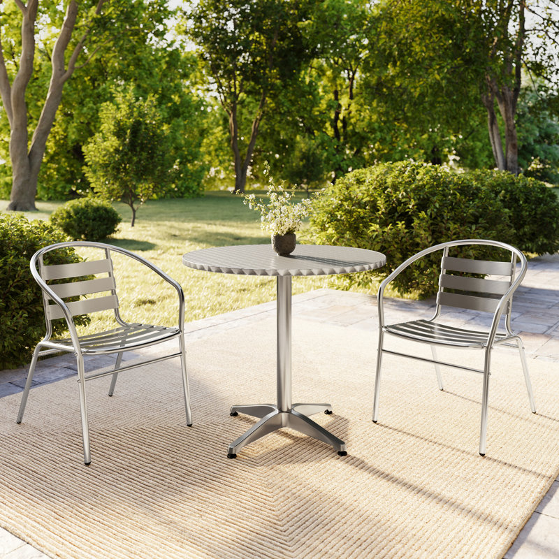Moraal Round Aluminum Indoor-Outdoor Table Set with 2 Slat Back Chairs, 27.25" H x 31.5" W x 31.5" D, Silver