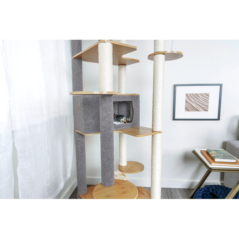 Tall Modern Sisal and Bamboo Cat Tower with Gray Felt