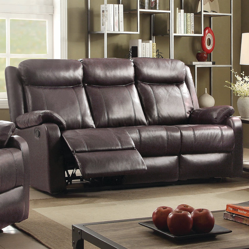 Mouzon Faux Leather Pillow Top Arm Reclining Loveseat, Dark Brown Faux Leather, 40"H x 76"W x 37"D