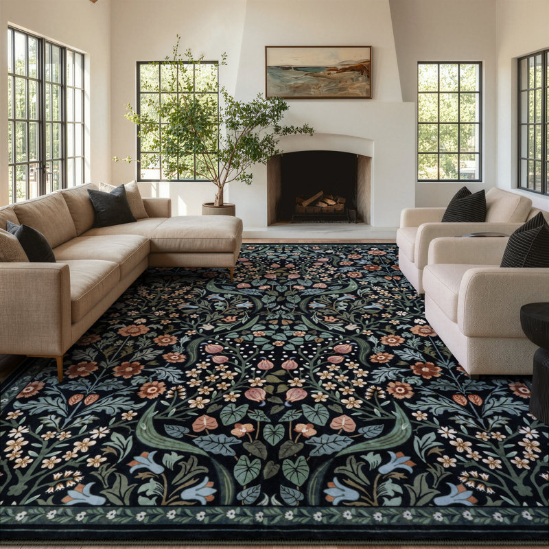Kaldi Floral Washable Area Rug – Intricate Nature-Inspired Design, Non-Slip Soft Floor Mat for Living Room, Bedroom, and Entryway