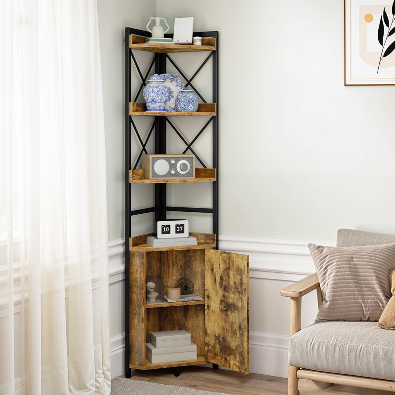  Corner Shelf 4 Tiers, Industrial Bookshelf With Cabinet,32d X 32w X 180h, Brown