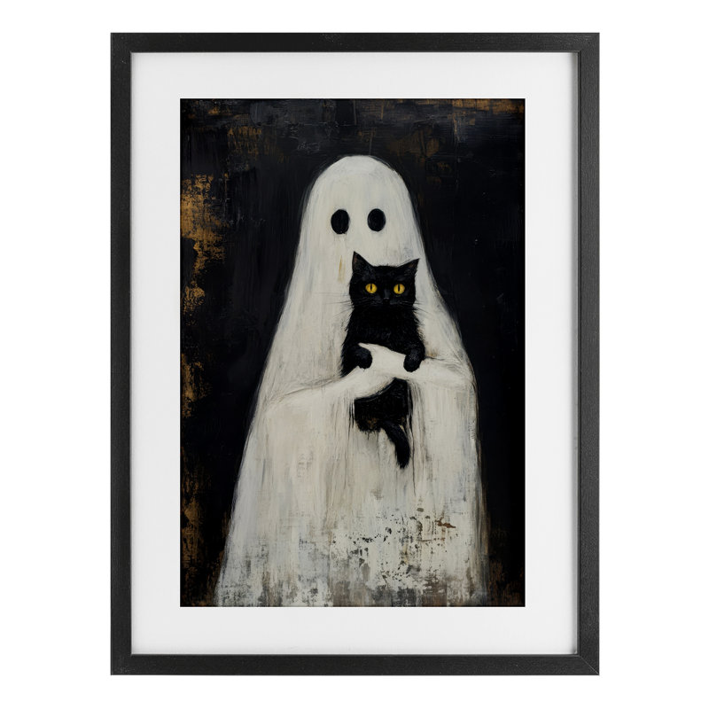 «Black Kitty & Ghost», reproduction sous verre encadrée, design par Petal Prints Design, H 20 po x l 14 po, Cadre noir minuit