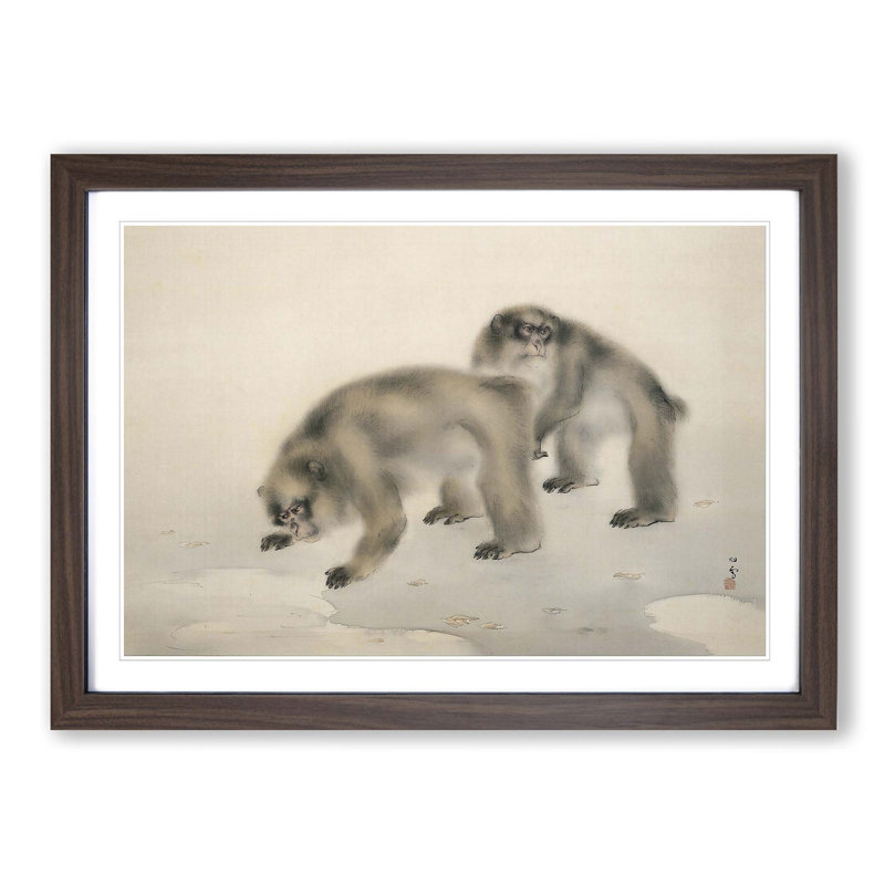 Two Monkeys by Kansetsu Hashimoto - Picture Frame Painting Print, Walnut Framed, 48cm H x 65cm W x 2cm D