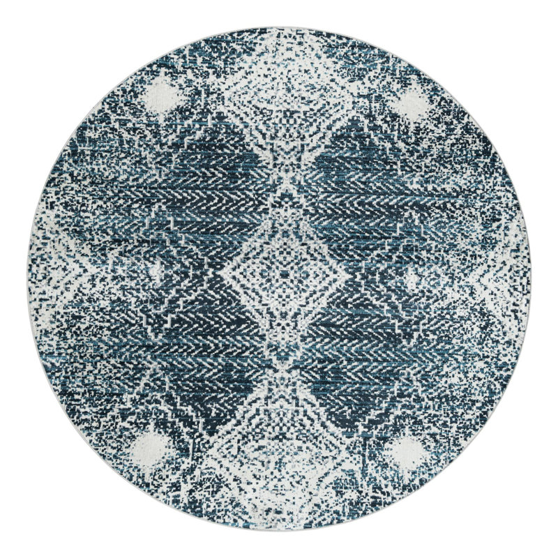 Tapis bleu marine / ivoire en polyester tissé à la machine Massie, Rond 7 pi 10 po