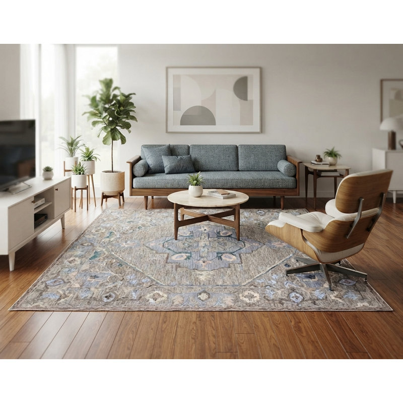 Bungalow Rose Handmade Beige/Blue Wool Area Rug, Rectangle 7'6" x 9'6"
